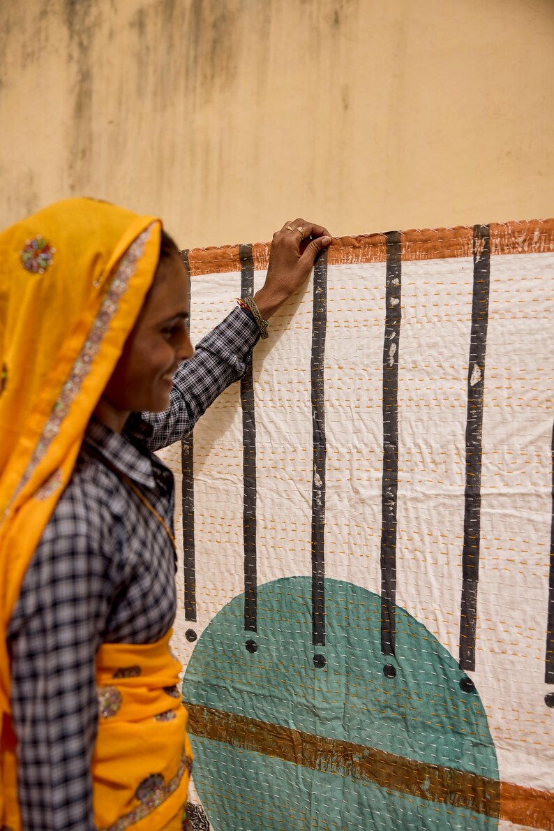 Handgemaakte kantha-deken: 100% katoenen boho-quilt met blokprint afbeelding 6