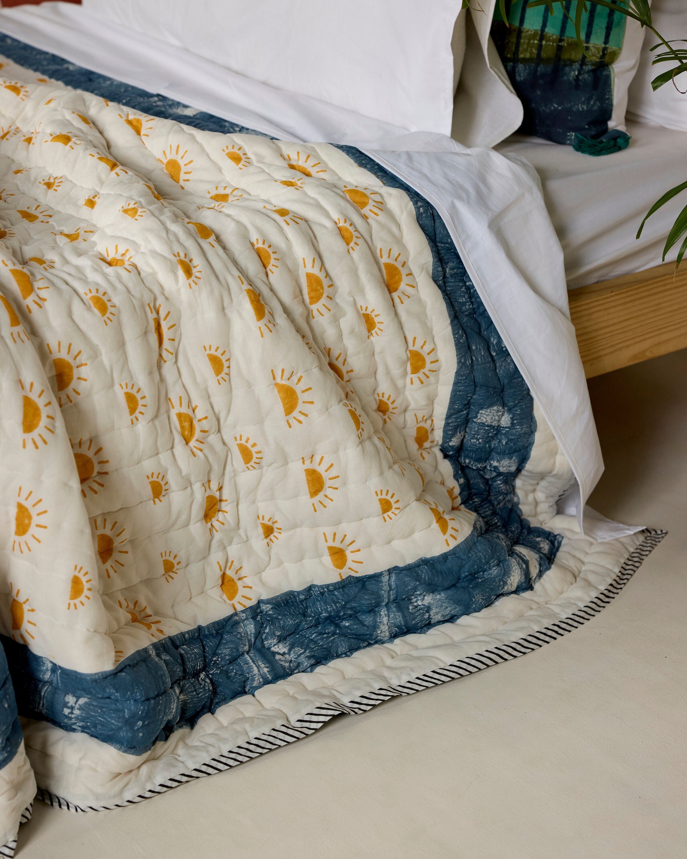Reversible Twin XL Bedspread - Yellow Rising Sun & Blue Spiral Motif, Artisan Handcrafted 100% Cotton Quilt, Twin Size Comforter, Bedding
