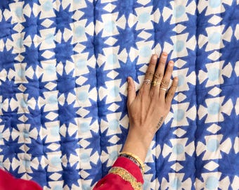 Handmade Cotton Quilt: Reversible Block Print, Blue Star Design, Indian Kantha Bedspread, Available in Twin, Queen, and King Sizes
