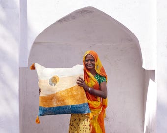Sun Horizon Pillow Cover — Hand-Block Printed Cotton Euro Sham, Handmade Cushion Cover, Throw Pillow Accent for Living Room / Bedroom / Sofa