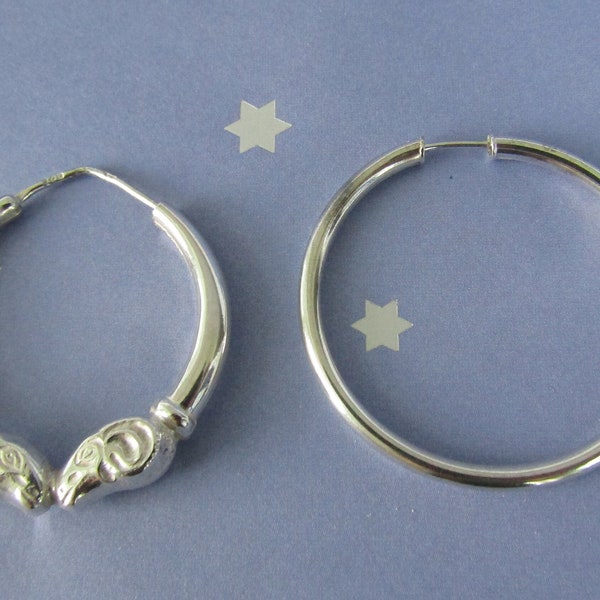 1970s? Marked 925 Sterling Silver Double Rams Head Hoop Earring and Marked Silver Hoop Earring (1 Mismatched Pair)