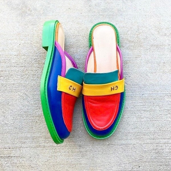 90s Inspired CH Colorful Leather Loafer Mules / US Women Size 7