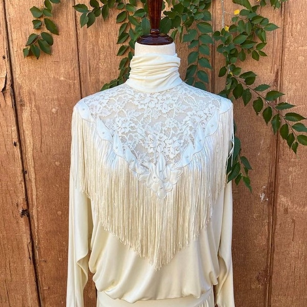 80s Rare Western / Victorian Wedding Ivory Dress with Pearl Detail / Size 6-10 Stretchy Fit