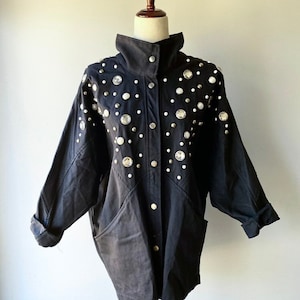 80s Embellished Pearl Crystal Rhinestone Black Jean Jacket One Size Fits All (pictured on 6-8 model)