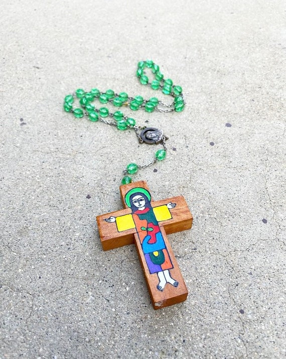 80s Wooden Painted Art Rosary Green Beads 20 inch… - image 3