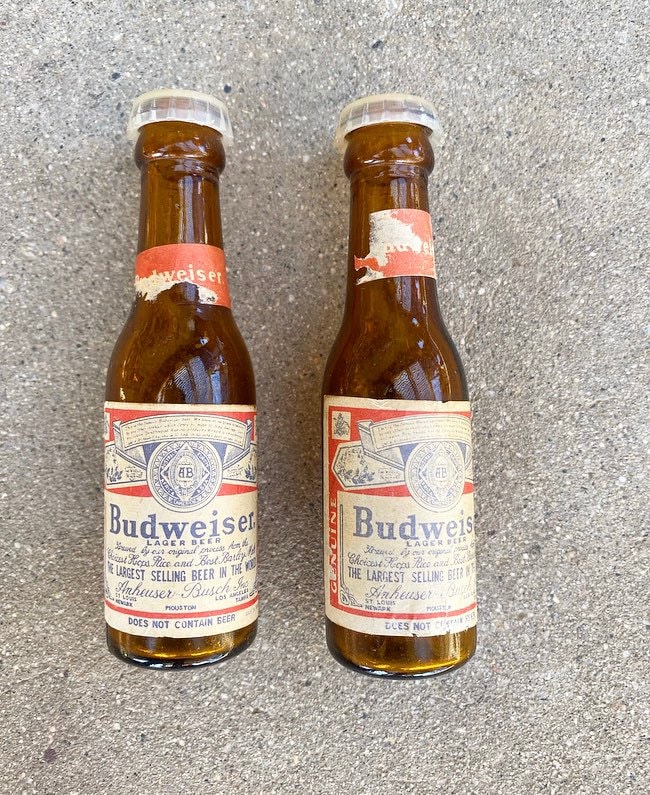 70s Mini Glass Budweiser Salt and Pepper Shakers