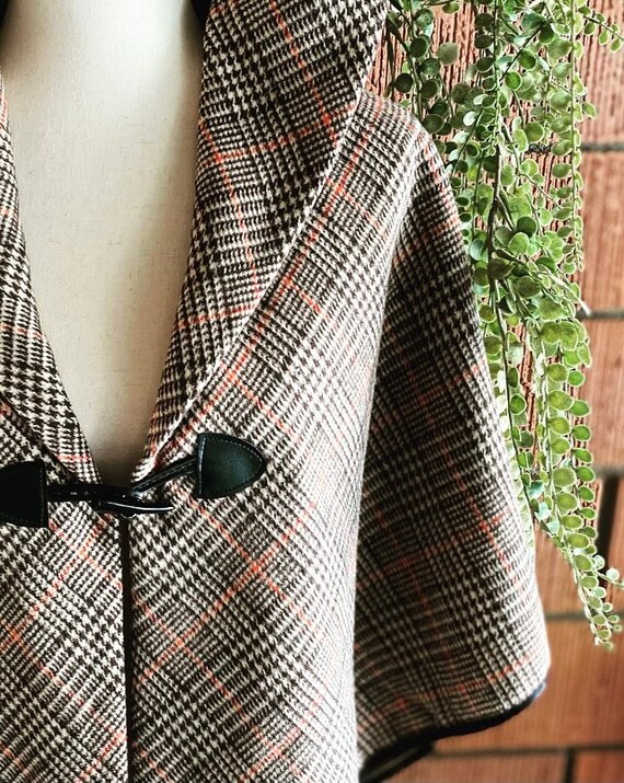 70s Brown and Plaid Wool Poncho Jacket M - XL - image 5