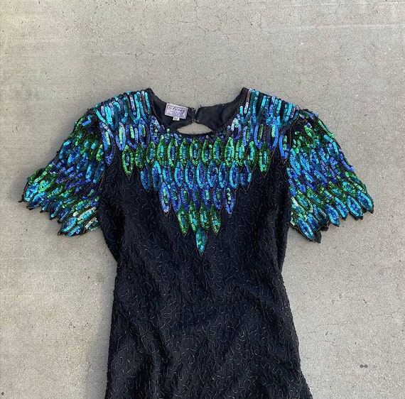 80s Peacock Sequins and Beaded Dress L - XL Size … - image 4