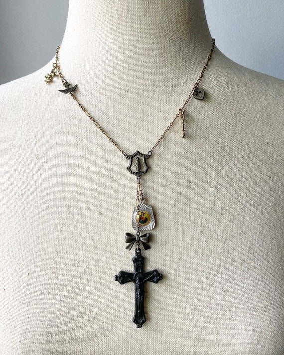 Rare Gold and Silver Rosary Lariat Vintage Charm … - image 2