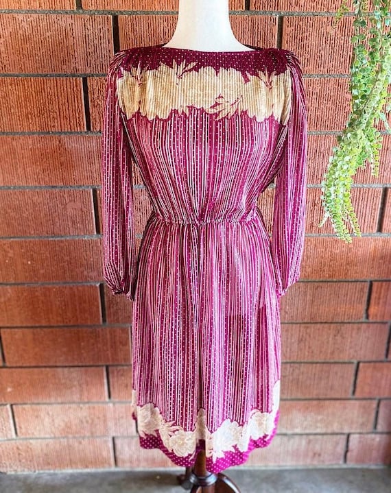 70s Nude Flower Burgundy Dress Size Medium