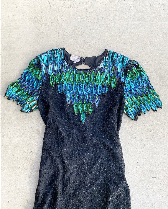 80s Peacock Sequins and Beaded Dress L - XL Size … - image 1