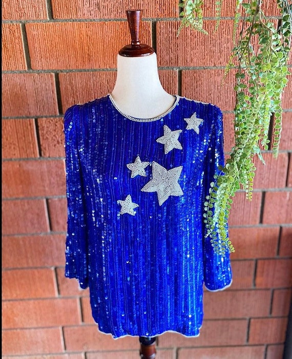 80s Stars and Pearls Sequin Top Blouse Size Medium