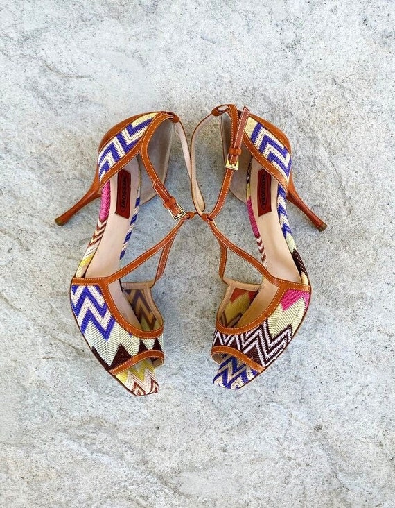 90s Missoni Mixed Pattern Leather Pumps with Stra… - image 1