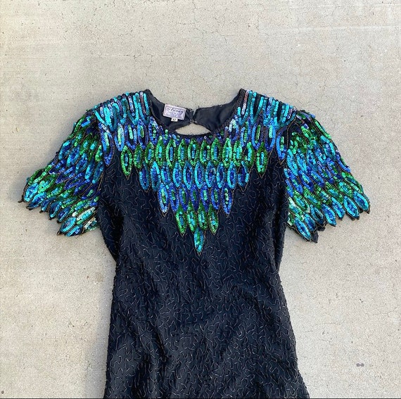 80s Peacock Sequins and Beaded Dress L - XL Size … - image 3
