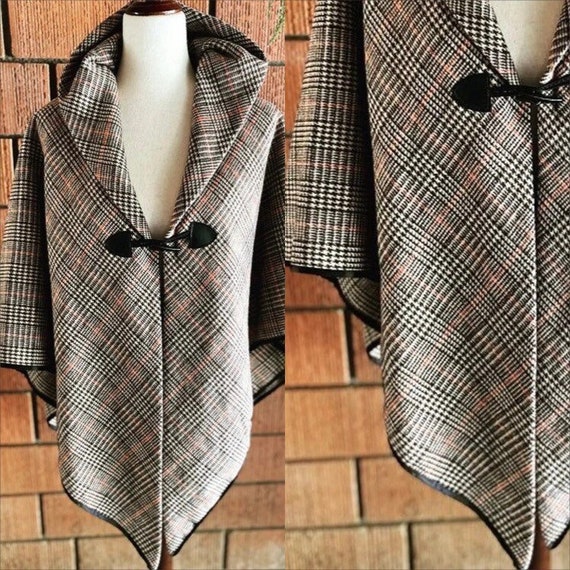 70s Brown and Plaid Wool Poncho Jacket M - XL - image 2