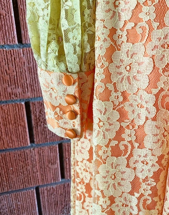 1960s Victorian Style Peach and Mellow Yellow Dre… - image 5