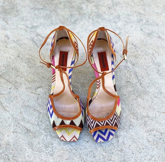 90s Missoni Mixed Pattern Leather Pumps with Stra… - image 2
