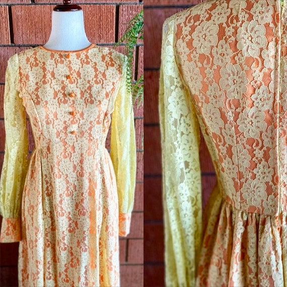 1960s Victorian Style Peach and Mellow Yellow Dre… - image 1