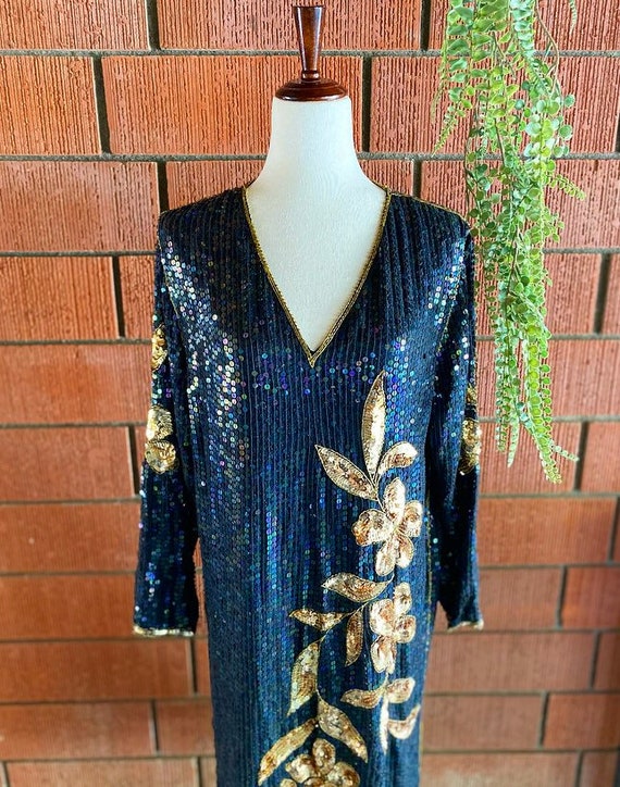 70s Gorgeous Sequins Iridescent Black Dress With … - image 4