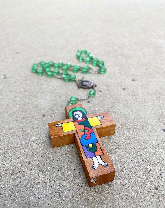 80s Wooden Painted Art Rosary Green Beads 20 inch… - image 2