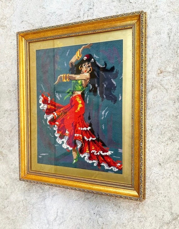 Stunning 70s Needlepoint Female Spanish Dancer in Vintage Gold Etsy
