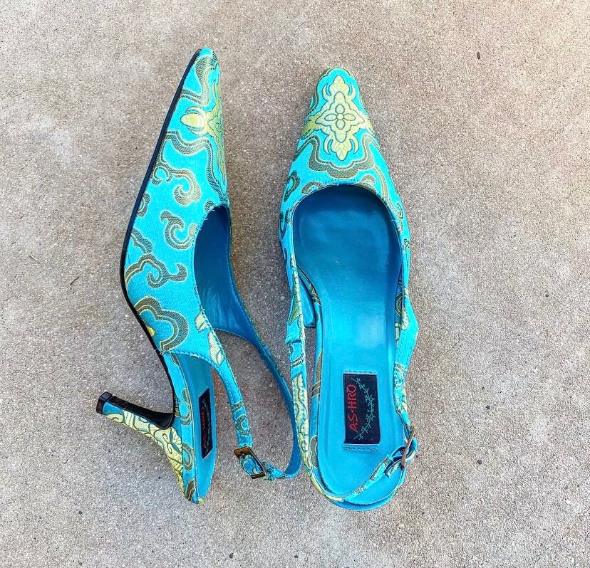 90s Beautiful Brocade Style Slingbacks Teal and Gold Size 7