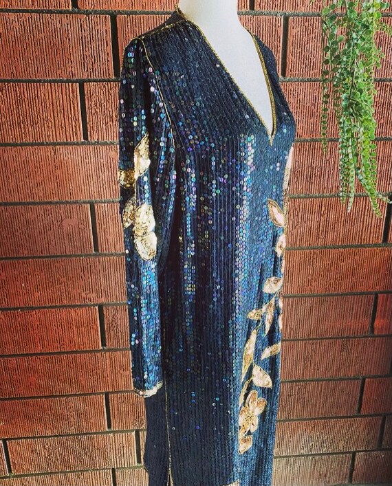 70s Gorgeous Sequins Iridescent Black Dress With … - image 5