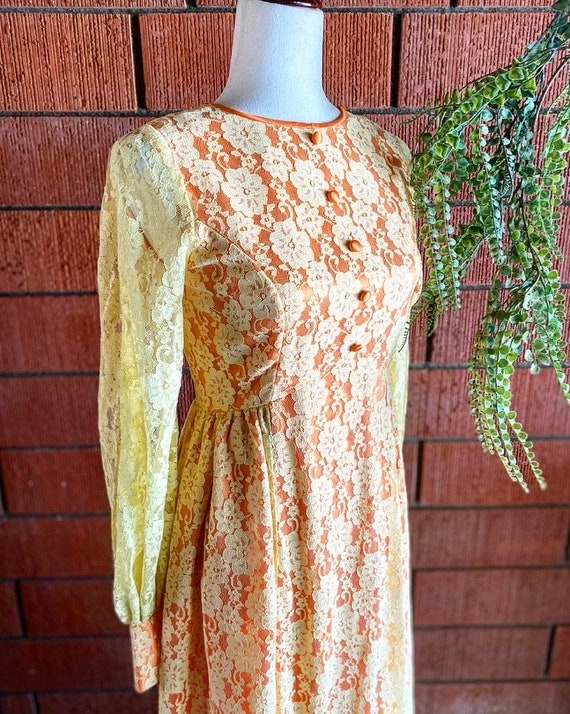 1960s Victorian Style Peach and Mellow Yellow Dre… - image 2