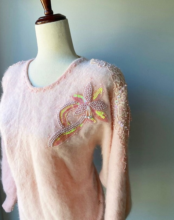 80s Sequins Soft Fuzzy Baby Pink Sweater US Women… - image 2