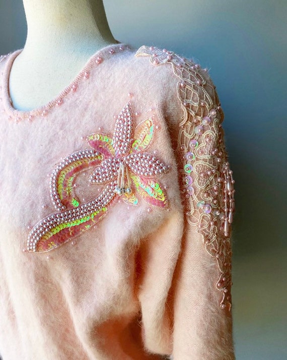 80s Sequins Soft Fuzzy Baby Pink Sweater US Women… - image 3