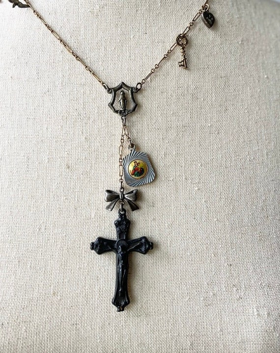 Rare Gold and Silver Rosary Lariat Vintage Charm … - image 3