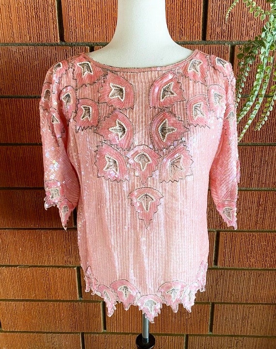 80s Pink Beaded Sequins Top - image 2