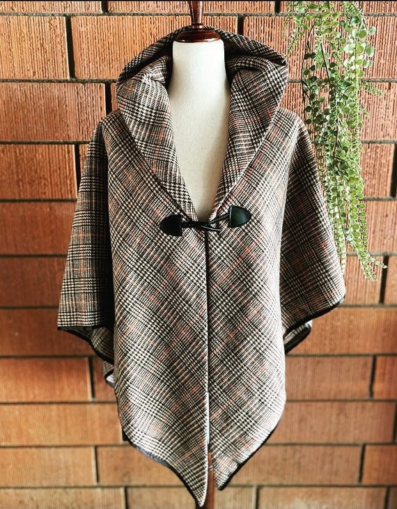 70s Brown and Plaid Wool Poncho Jacket M - XL - image 4