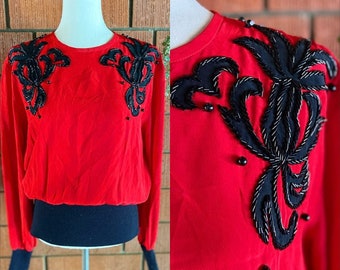 80s Red Beaded Silk Blouse