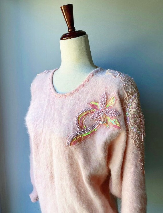 80s Sequins Soft Fuzzy Baby Pink Sweater US Women… - image 1