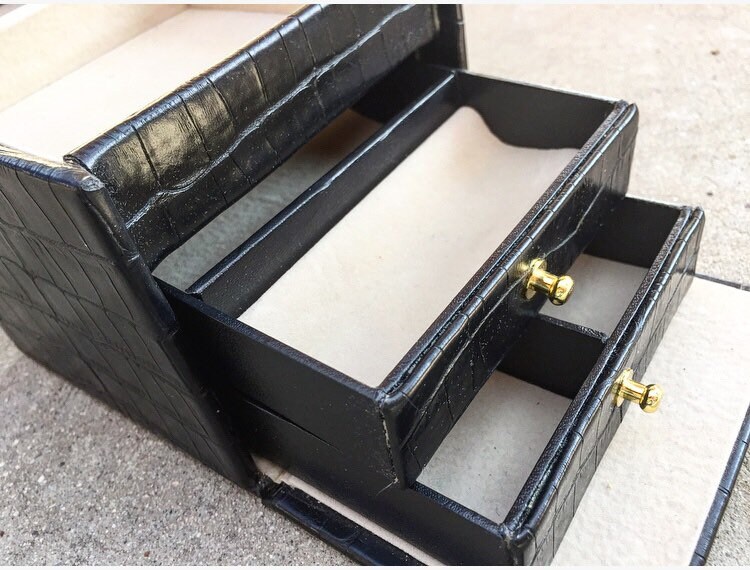 70s Train Case Leather Traveler Jewelry Storage Box / Black Jewelry Box
