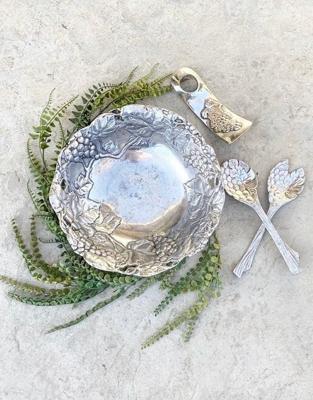 Vintage Large Pewter Salad Bowl With Salad Utencils and Utencil Rest Etsy