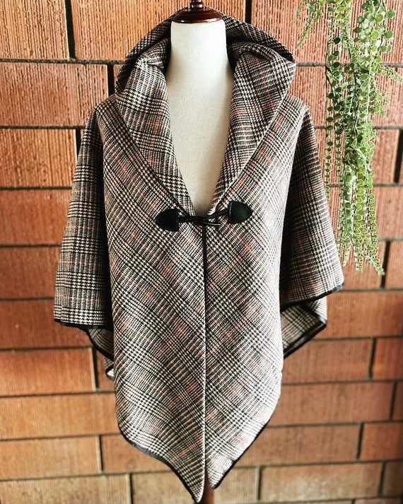 70s Brown and Plaid Wool Poncho Jacket M - XL - image 1