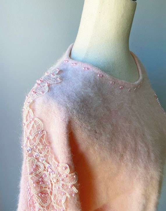 80s Sequins Soft Fuzzy Baby Pink Sweater US Women… - image 5