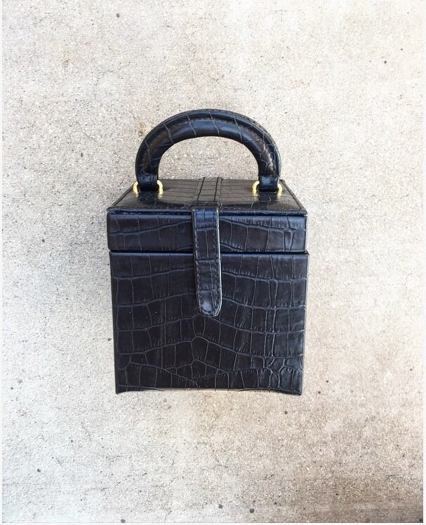 70s Train Case Leather Traveler Jewelry Storage Box / Black Jewelry Box
