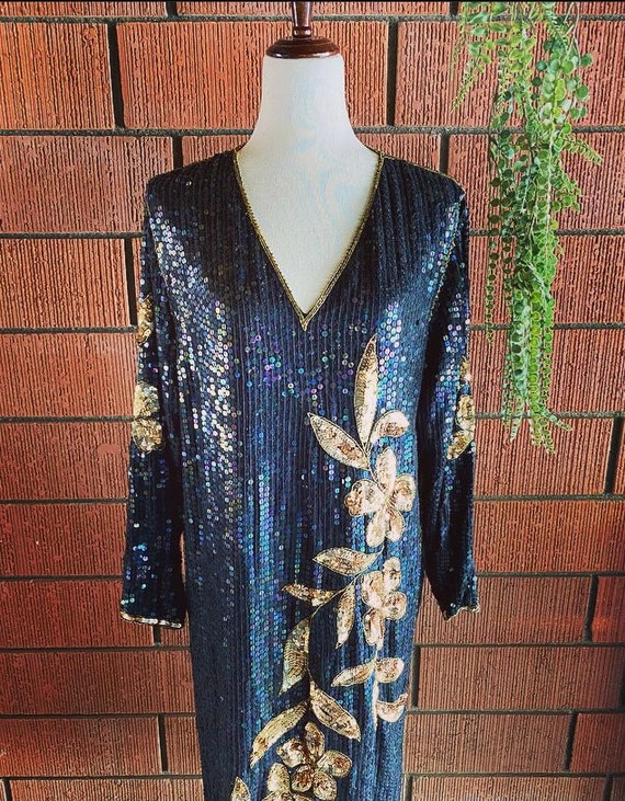 70s Gorgeous Sequins Iridescent Black Dress With … - image 6