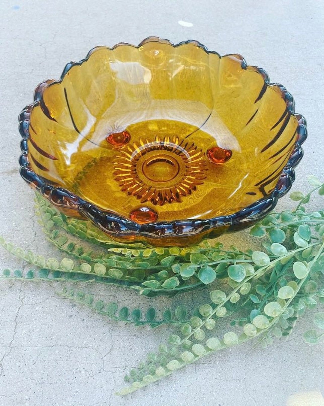 60s Thick Footed Amber Glass Bowl Centerpiece Etsy