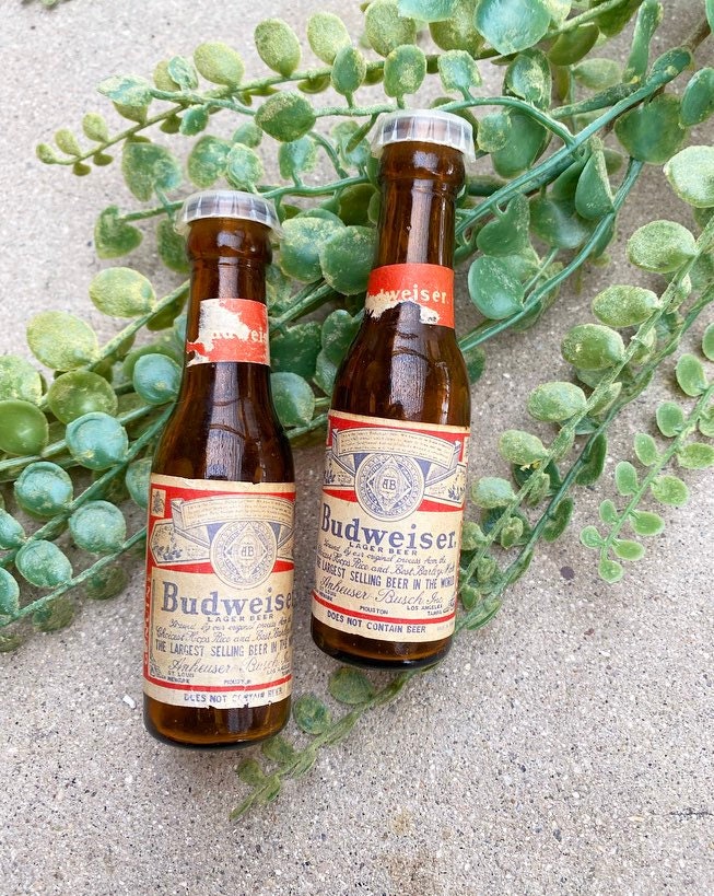 70s Mini Glass Budweiser Salt and Pepper Shakers