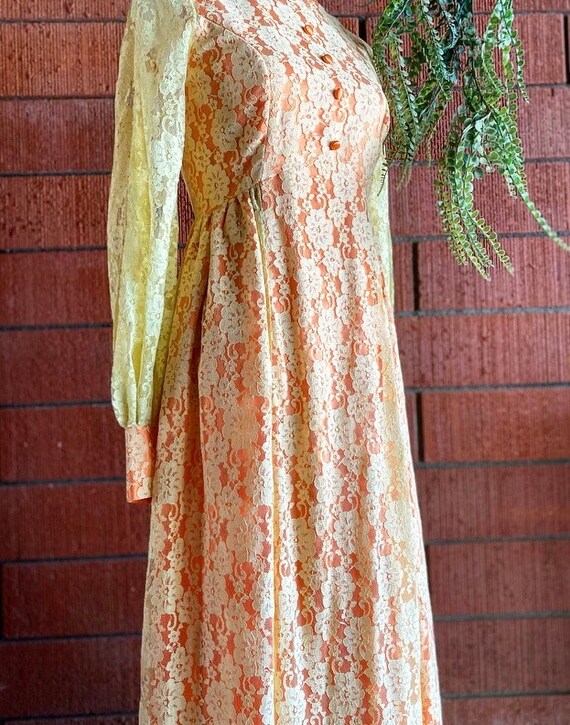 1960s Victorian Style Peach and Mellow Yellow Dre… - image 8