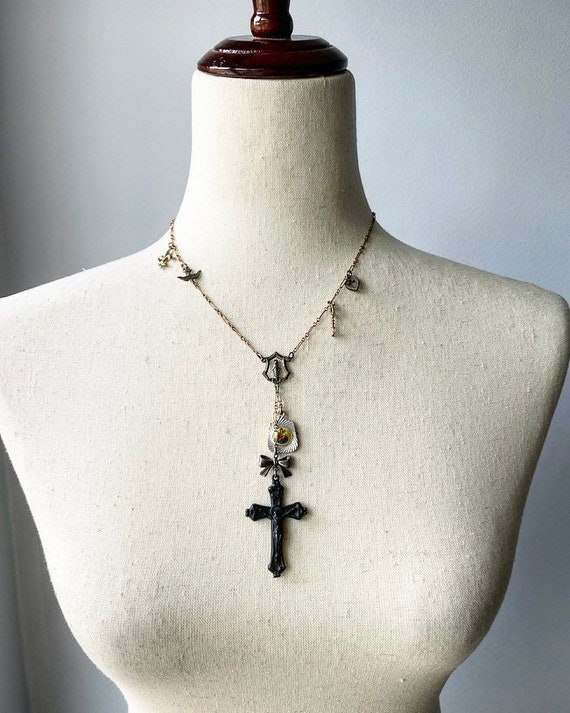 Rare Gold and Silver Rosary Lariat Vintage Charm … - image 1