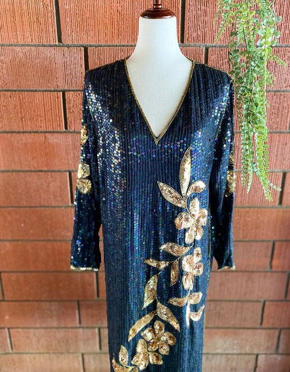 70s Gorgeous Sequins Iridescent Black Dress With … - image 2