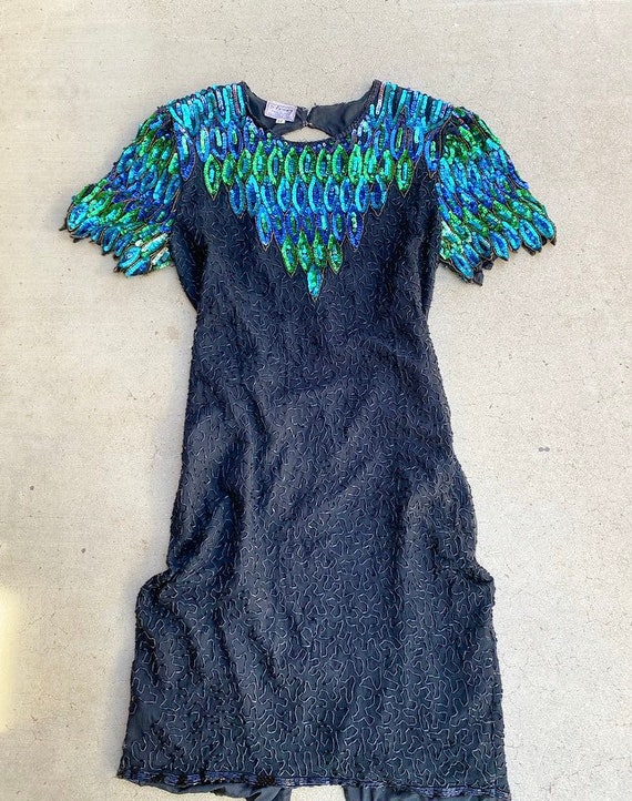 80s Peacock Sequins and Beaded Dress L - XL Size … - image 2