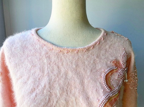 80s Sequins Soft Fuzzy Baby Pink Sweater US Women… - image 4