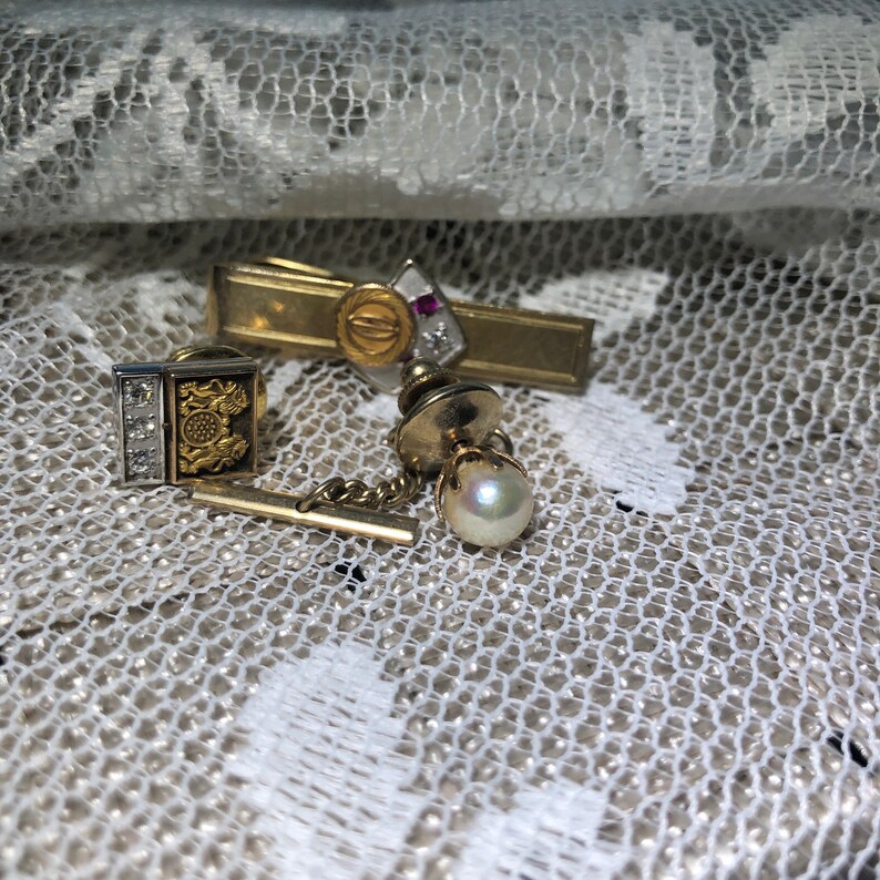 tie bar pin 10KT white gold ruby and diamond tie tac pins diamond tac pins vintage stones 120 12KT YG GF Vintage tie tac pins