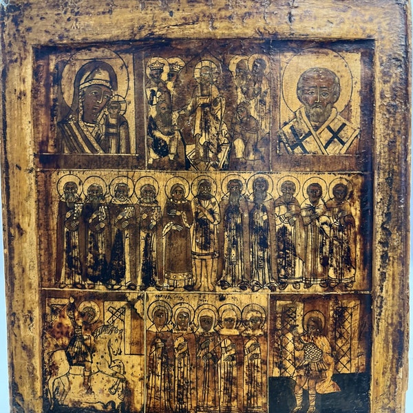 Rare icône à trois rangées avec des saints sélectionnés, Vieux Croyant, icône de collection. Iconostase familiale. Région de la Volga, milieu du XVIIIe siècle.